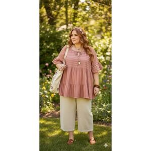 Robbie Bee Tunic Dress Womens 2X Pink Striped Ruffle Sleeve Tiered Boho Boho‎